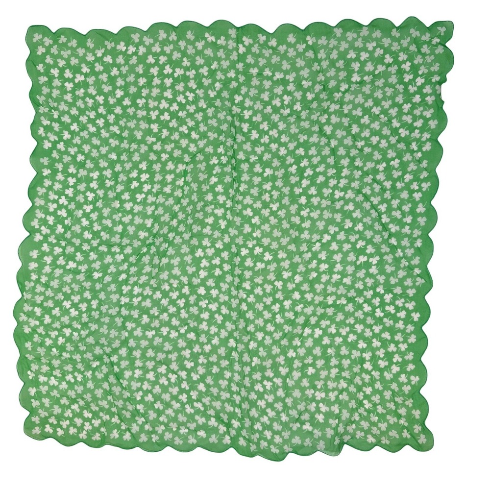 1990 Y2K ECHO Scallop Edge Novelty Shamrock Clover Print Silk Scarf Green 20